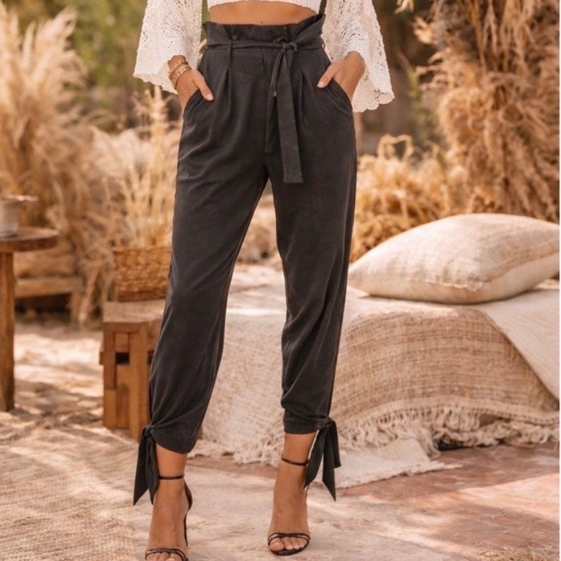 Reformation Avalon Paperbag Waist Pants Ankle Tie In Black Tencel - 4 Petite
